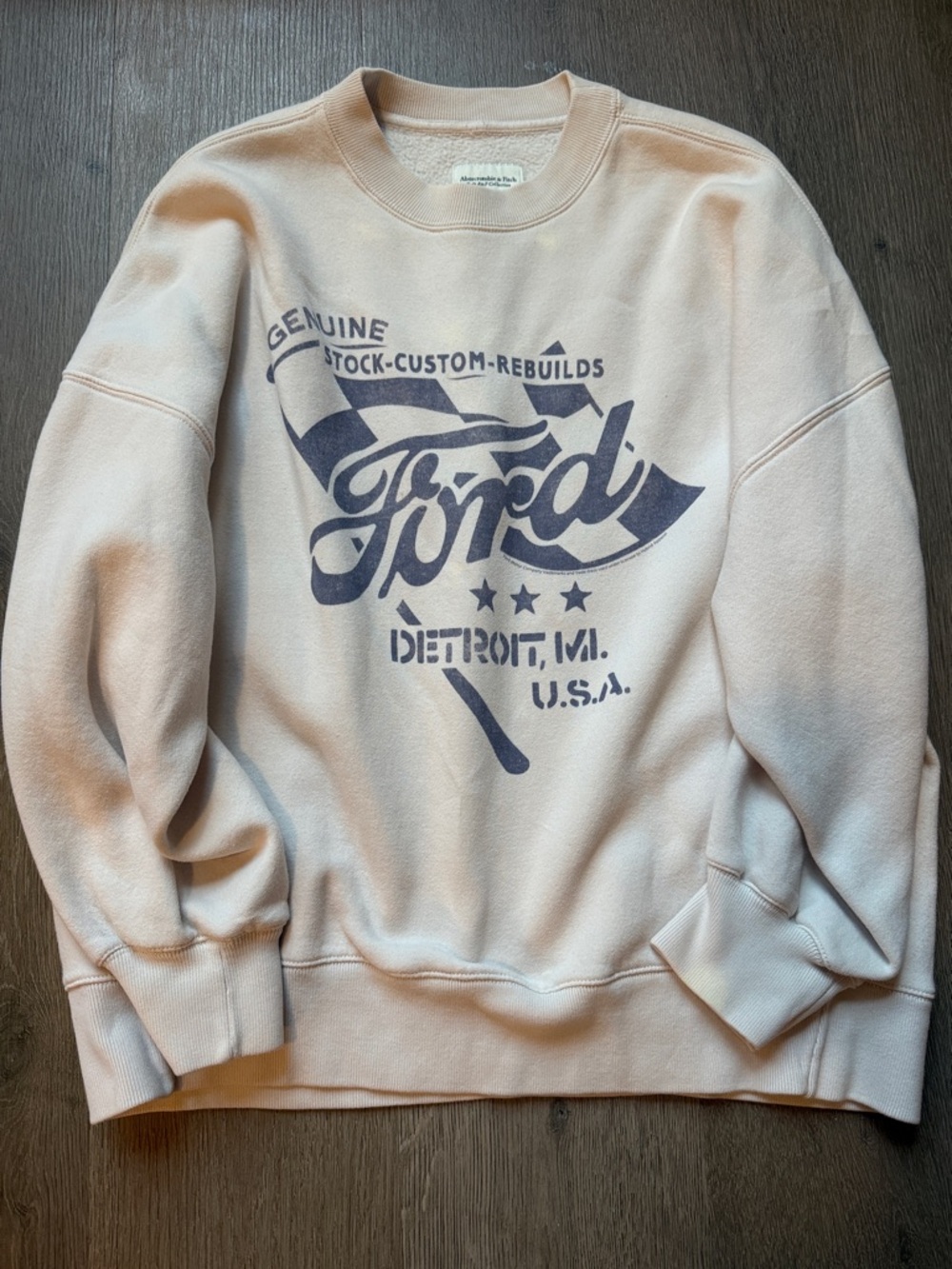 Abercrombie & Fitch Light Cream Crewneck Sweatshirt with Navy Ford Logo